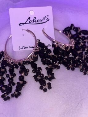 Silver and Black Beaded Fringe Hoop Earrings